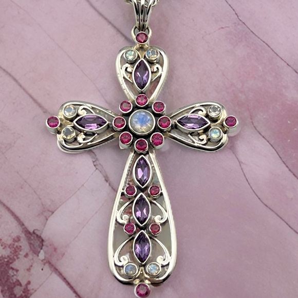 ✝️NICKY BUTLER 925 Sterling Silver Rainbow Moonstone Amethyst Cross Necklace NEW - Picture 2 of 10